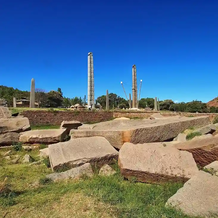 Ancient carved obelisks at Northern Stelae Park in Axum Ethiopia