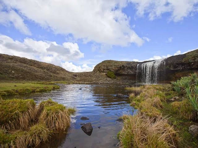 Waterfall feeding a glacial lake in the Web Valley, Bale Mountains