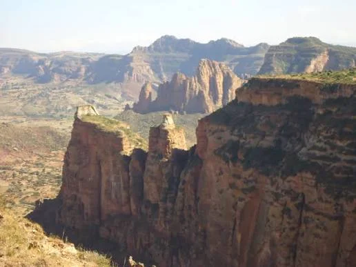 Aerial view of a flat-topped mesa and sheer cliffs in the Gheralta mountains, Ethiopia