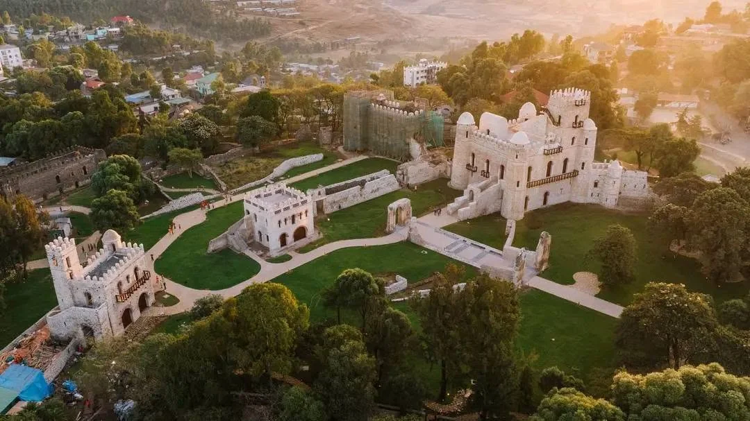 Aerial view of the Fasil Ghebbi Royal Enclosure at golden hour in Gondar, Ethiopia