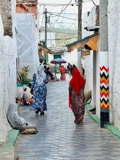 Women in traditional dress walking through an alley in Harar Jugol, Ethiopia