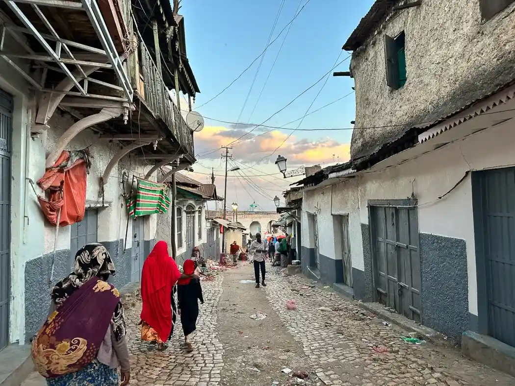 Colorful sunset alley in Harar Jugol's ancient walled city, Eastern Ethiopia
