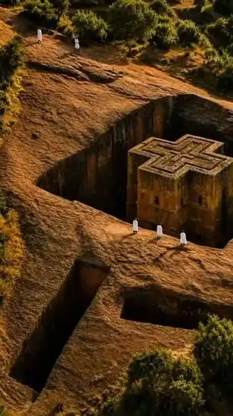Rock-hewn church viewed from the edge of its excavated trench in Lalibela, Ethiopia